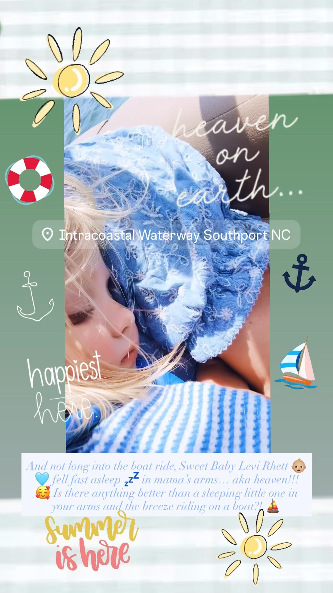And not long into the boat ride, Sweet Baby Levi Rhett 👶🏼🩵 fell fast asleep 💤 in mama’s arms… aka heaven!!! 🥰 Is there anything better than a sleeping little one in your arms and the breeze riding on a boat?! ⛵️