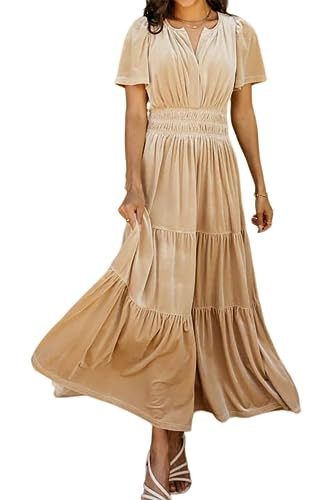 R.Vivimos Women's Fall Winter Vintage Velvet Dress Short Sleeve V Neck Elastic Waist Tiered Ruffl... | Amazon (US)