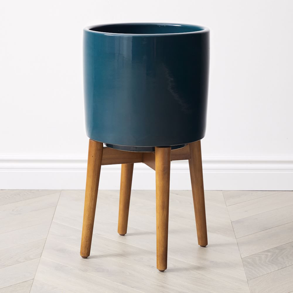 Mid-Century Turned Wood Leg Planter, Ceramic, Tall, 14&amp;quot;D x 23.6&amp;quot;H, Petrol | West Elm (US)