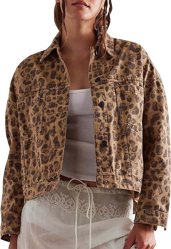 Leopard Jackets for Women Casual Button Down Vintage Jean Jackets Leopard Print Tops Coat 2024 Fa... | Amazon (US)