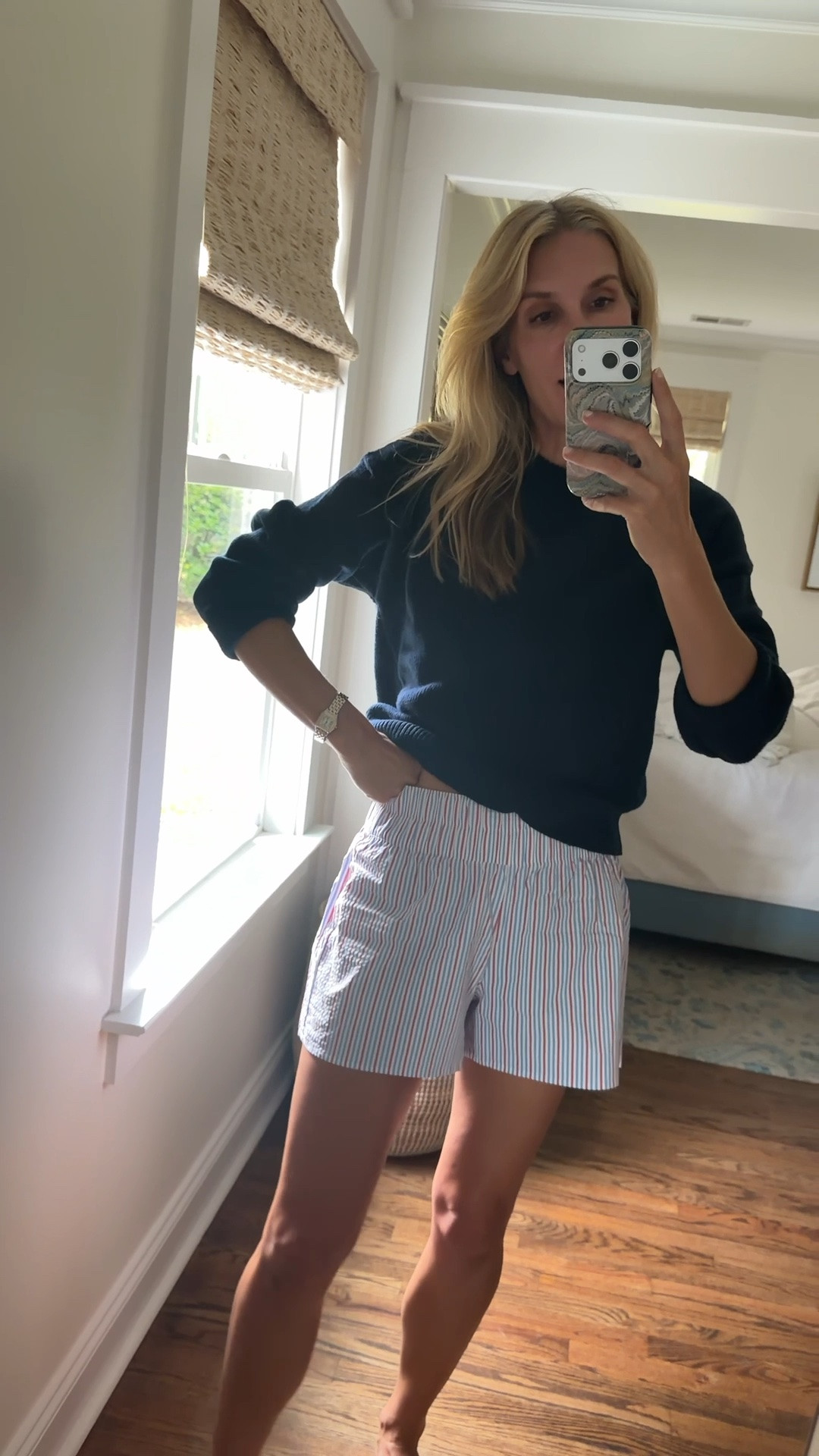 Cute, lightweight shorts that will be perfect for casual days and as a swimsuit coverup paired with a linen shirt. They run roomy!

Sweater is insanely comfortable — wearing size small. By Naadam!