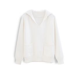 V-Neck Flap Collar Pocket Sweater in White | Chicwish