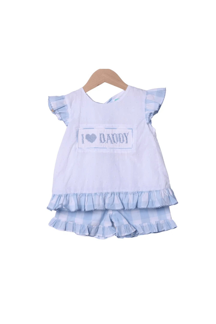 Smocked I Love Daddy Blue Gingham White Swiss Dot Short Set | The Smocked Flamingo