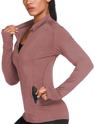 PINSPARK Women Workout Jackets Running Yoga Active Jacket Zipper Track Tops Long Sleeve Sportswear Dark Pink L | Amazon (US)
