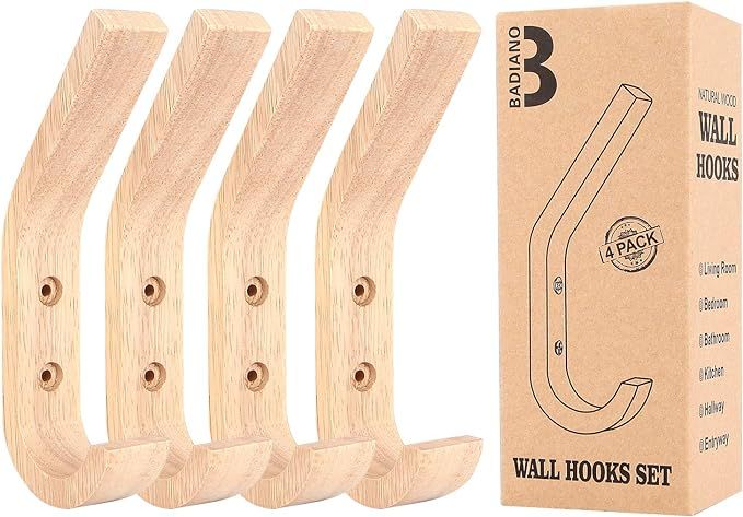 Pack of 4 Wooden Wall Hooks, Decorative Natural Wood Coat Hanger, Mounted Towel Rack for Hanging ... | Amazon (US)