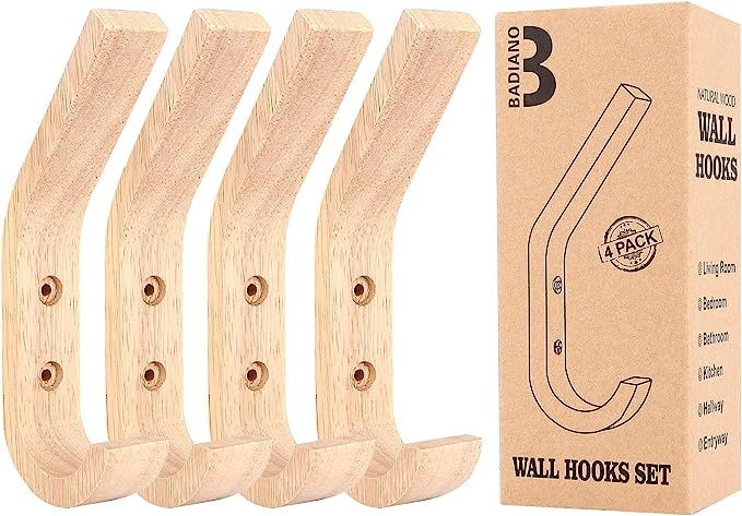 Pack of 4 Wooden Wall Hooks, Decorative Natural Wood Coat Hanger, Mounted Towel Rack for Hanging ... | Amazon (US)