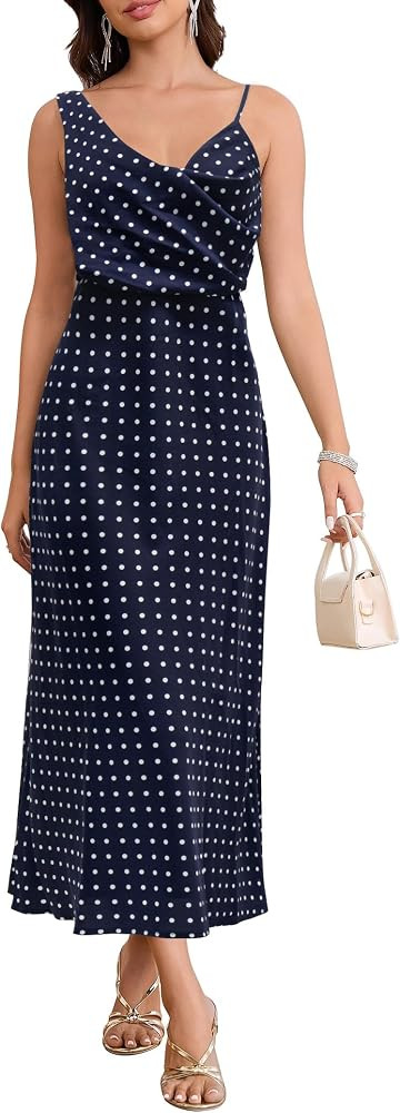 Women's Summer Satin Dress Elegant Cowl Neck Adjustable Spaghetti Strap Wedding Guest Cocktail Party Maxi Dresses | Amazon (US)