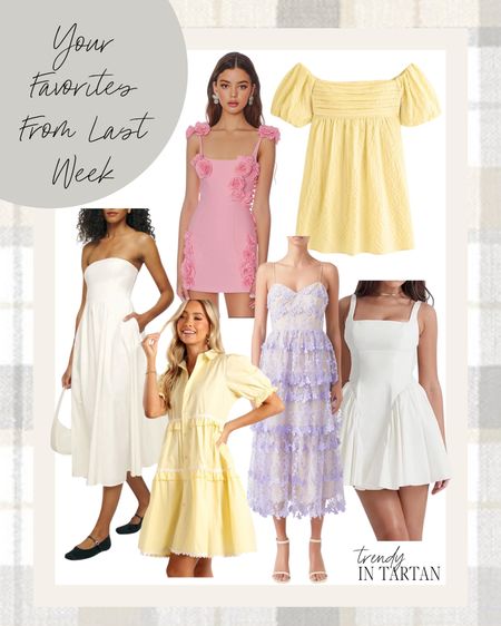 Your favorites from last week!

Mini Dress, midi dress, spring dress, yellow dress, white dress, spring wedding 

#LTKstyletip #LTKSeasonal