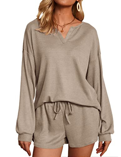 Ekouaer Lounge Sets for Women Waffle Knit Pajama Set Long Sleeve Top and Shorts Matching Loungewe... | Amazon (US)