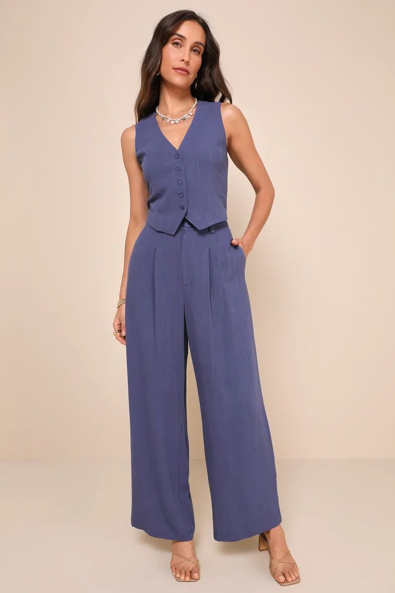 Suits You Perfectly Dark Blue Linen Vest | Lulus