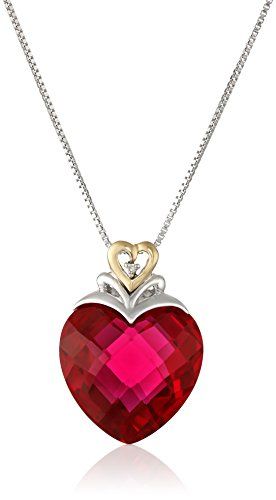 Sterling Silver and 14k Yellow Gold Created Ruby Heart and Diamond-Accent Pendant Necklace, (.006 cttw, I-J Color, I2-I3 Clarity), 18" | Amazon (US)