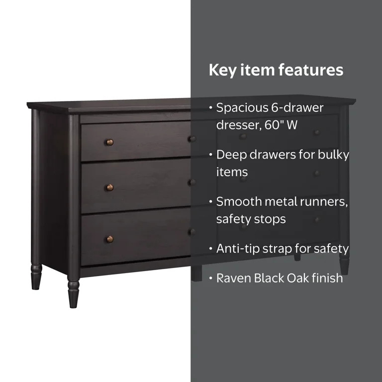 My Texas House Monroe 6-Drawer Dresser, Raven Black Oak Finish | Walmart (US)