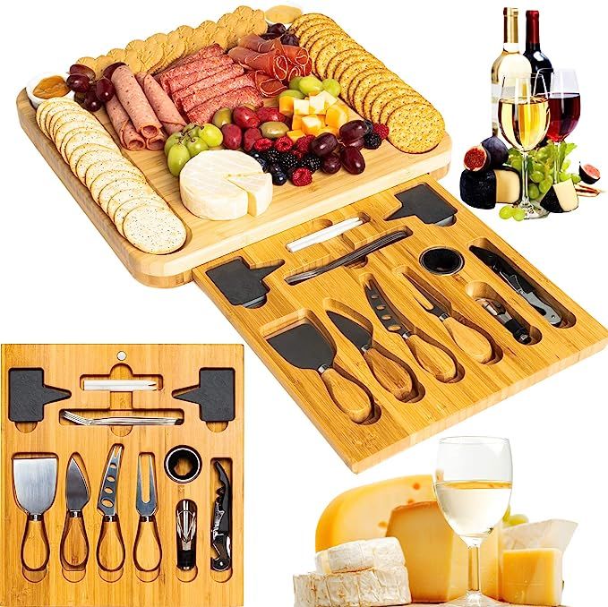 MLEEKO Luxury Bamboo Cheese Board - 21-Piece Charcuterie Knife Set for Grazing & Wine Tasting - S... | Amazon (US)