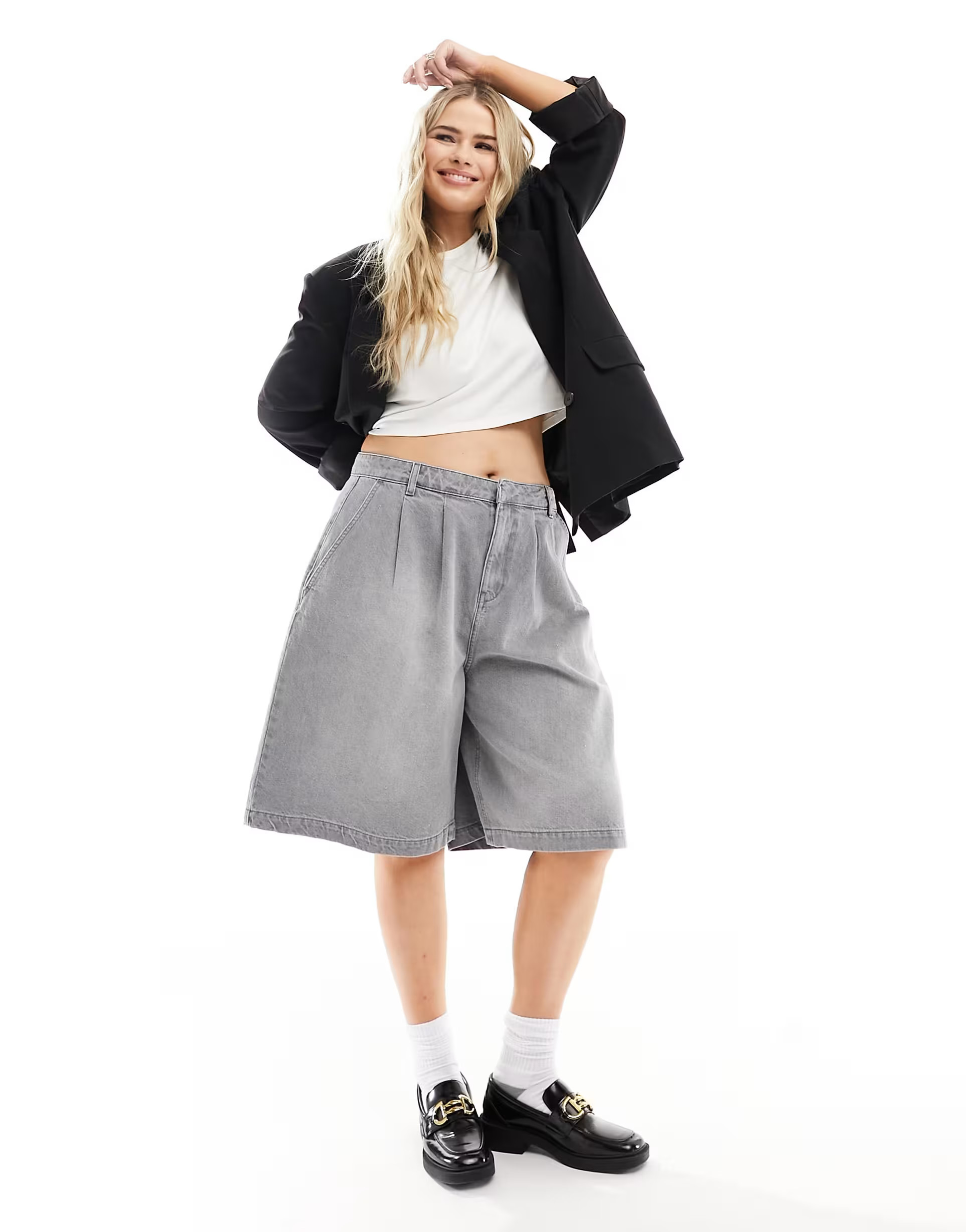 ASOS DESIGN Curve pleated longline denim jorts in washed grey | ASOS (Global)