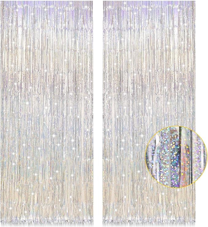 2 Pack 3.2ft x 8.2ft Silver Metallic Tinsel Foil Fringe Curtains, Door Streamer Photo Booth Backd... | Amazon (US)