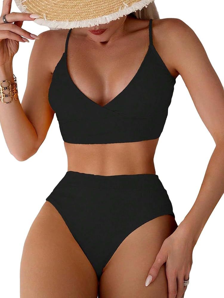 MakeMeChic Women's 2 Piece Bikini Set V Neck High Waist Swimsuit Spaghetti Strap Bathing Suit | Amazon (US)