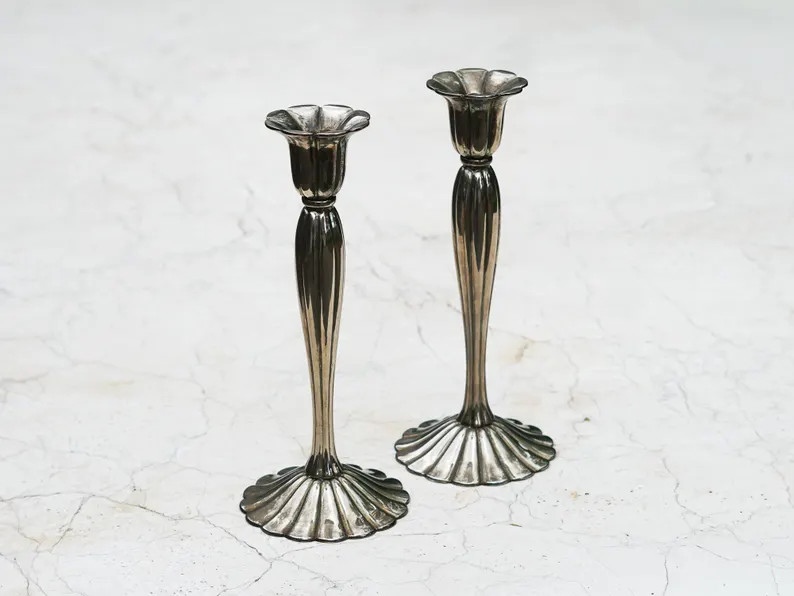 Vintage Godinger Silver Art Candlestick Holders Pair, Silver Plate Tulip Candle Sticks, Hollywood... | Etsy (Global)