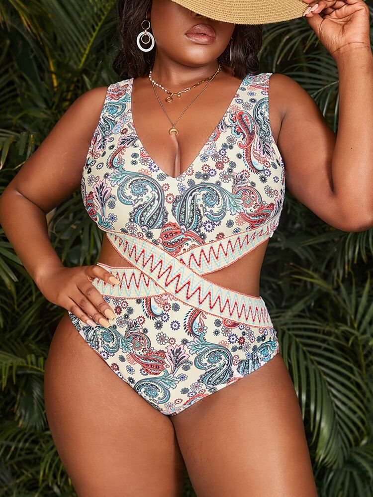New
     
      Plus Paisley Print Cut Out One Piece Swimsuit | SHEIN