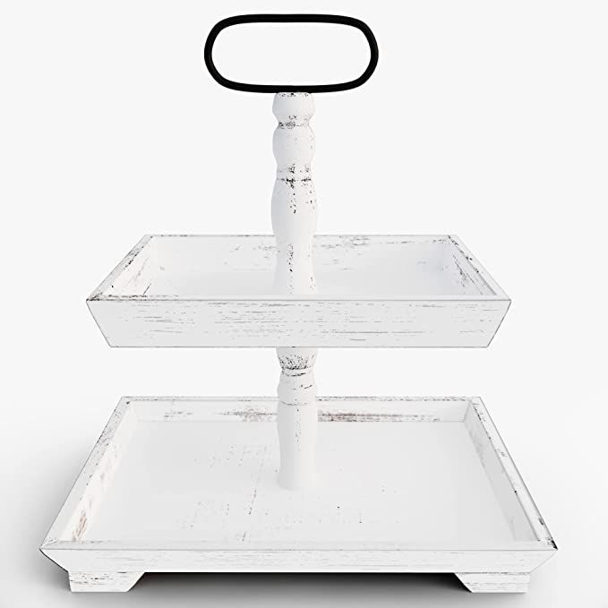 Amazon.com: White Tiered Tray Stand - Wood Two Tier Tray - Farmhouse Tiered Tray Decor Holder - 2... | Amazon (US)