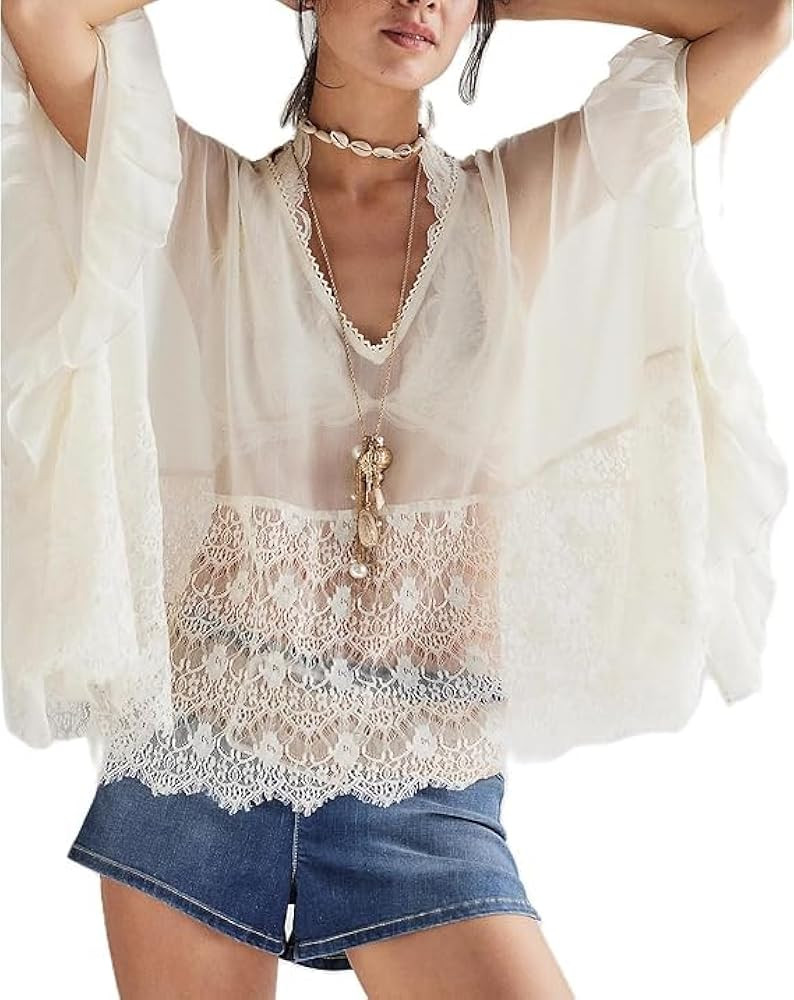 Mesh Tie Front Tops Women Long Sleeve Sexy Sheer See Through Shirts Y2k Lace Up Going Out Ruffle ... | Amazon (US)