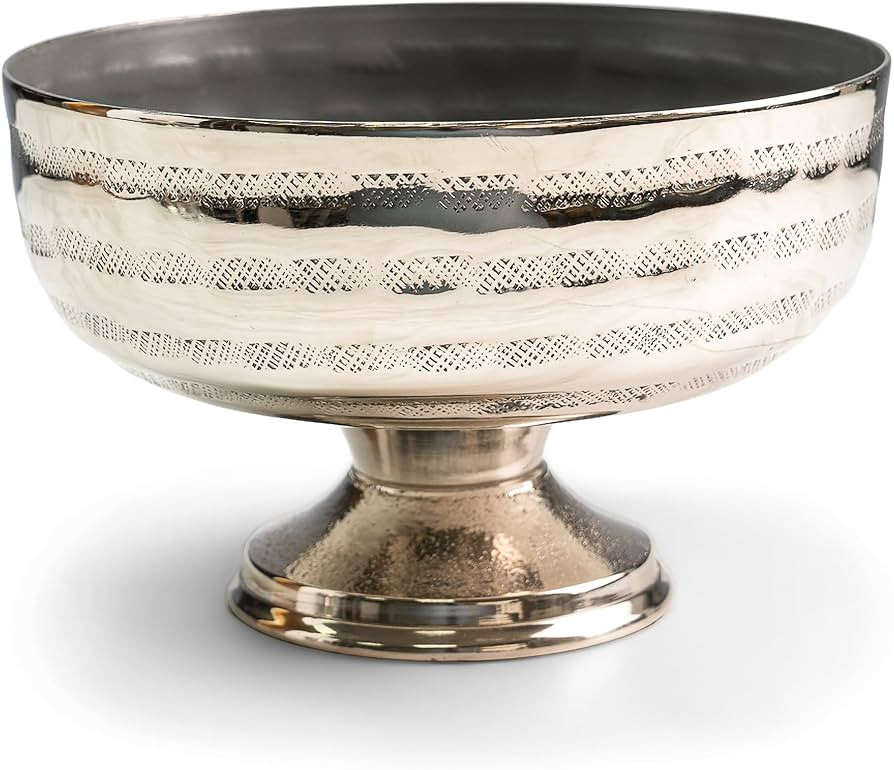 India Handicrafts 71261 Round Hammered Texture with Pedestal Base Silver Tone 7.7 Inch Aluminum F... | Amazon (US)
