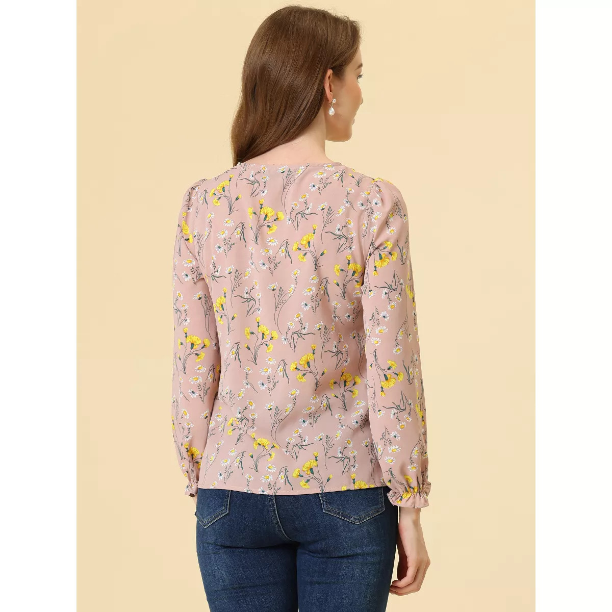 Allegra K Women's Floral Tie Neck Frilly Trim Long Sleeve Chiffon Blouse | Target