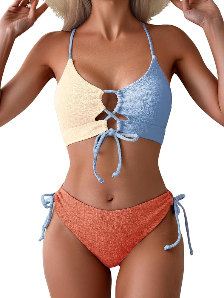 B2prity Women's Sexy Bikini Set Color Block Lace Up 2 Piece Bathing Suit Tie Side Swimsuit | Amazon (US)