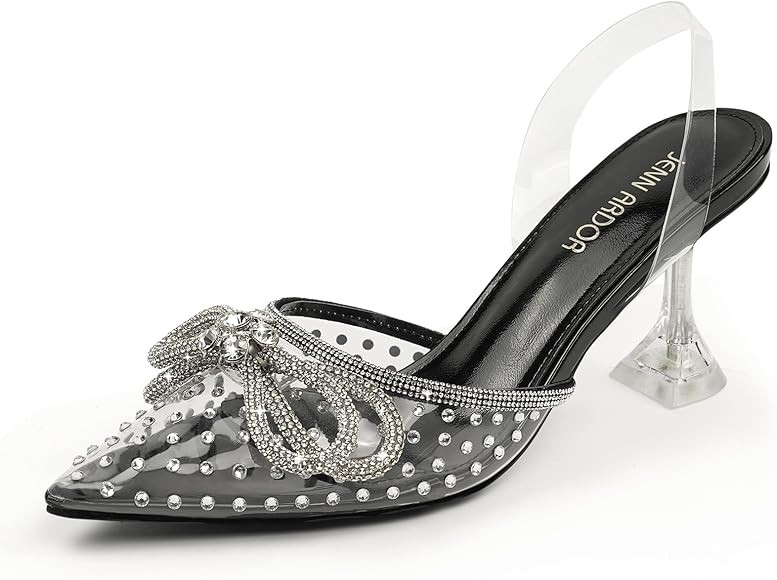 JENN ARDOR Women's Clear Heels Pointed Toe Kitten Heel Bow Pumps Rhinestone Strap Slingback Wedding  | Amazon (US)