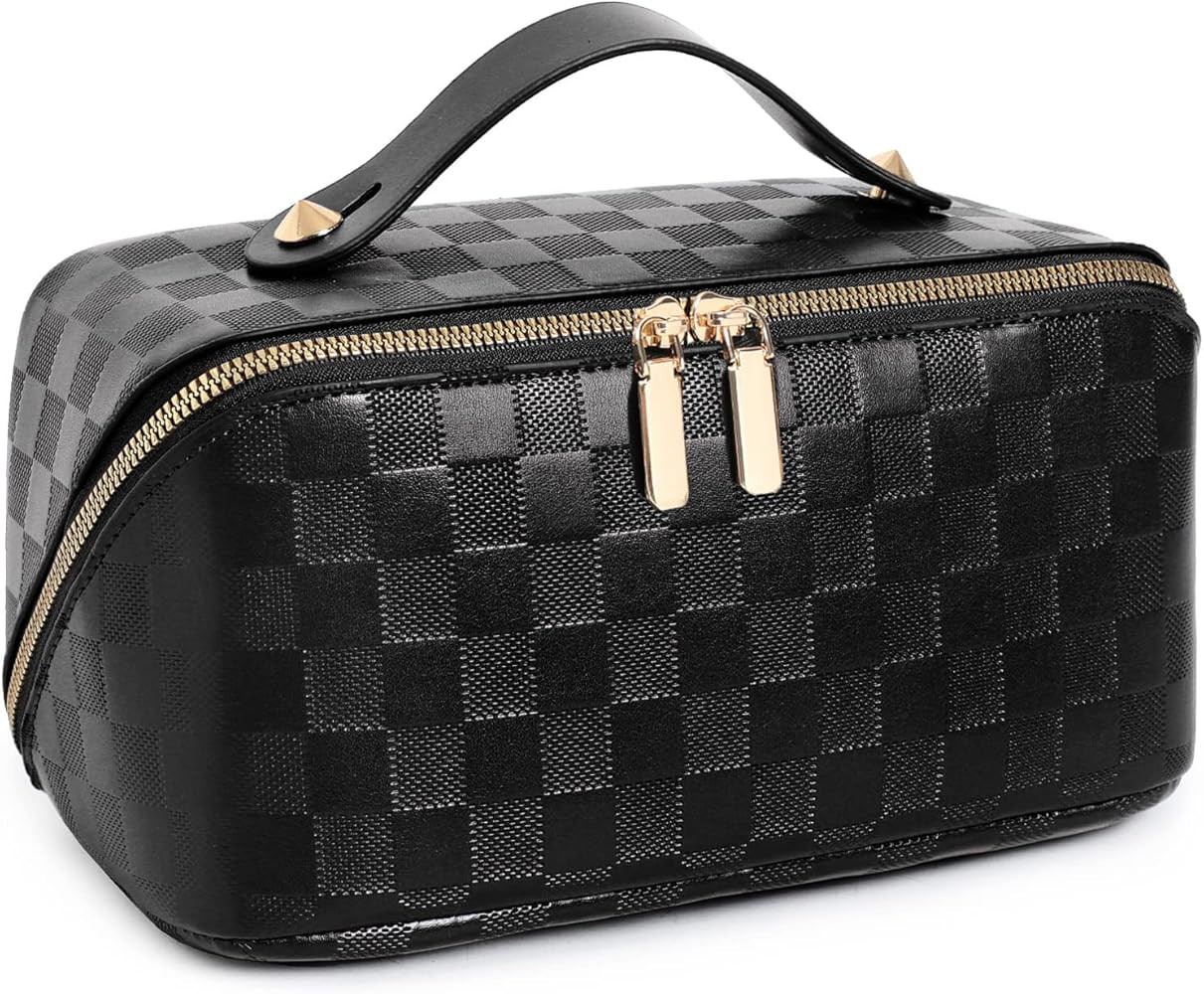 Travel Makeup Bag,Large Opening Portable Makeup Bag Opens Flat for Easy Access, Toiletry Bag,PU L... | Amazon (US)