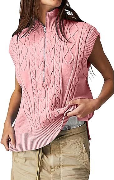 SOMTHRON Women's Half Zip Sweater Vest Loose Sleeveless Turtleneck Slouchy Ribbed Cable Knit Pull... | Amazon (CA)