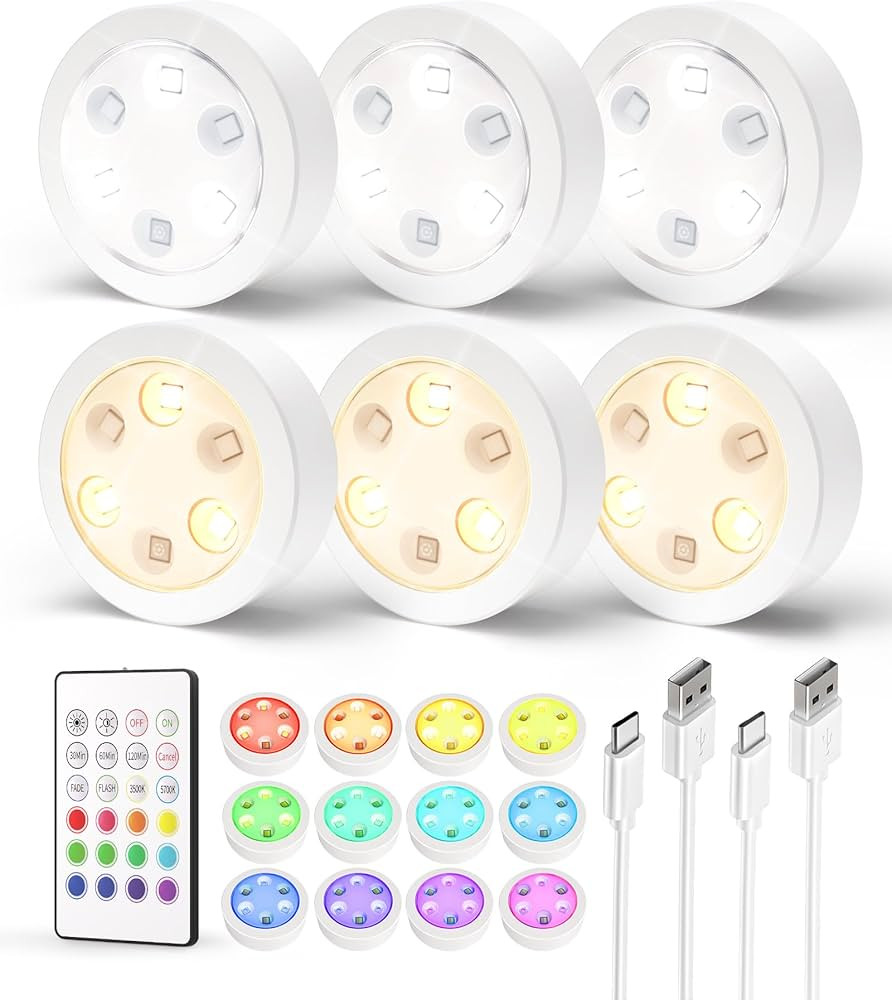 EZVALO Puck Lights with Remote, RGB Push Lights 14 Colors Changeable, LED Under Cabinet Lights, 1... | Amazon (US)
