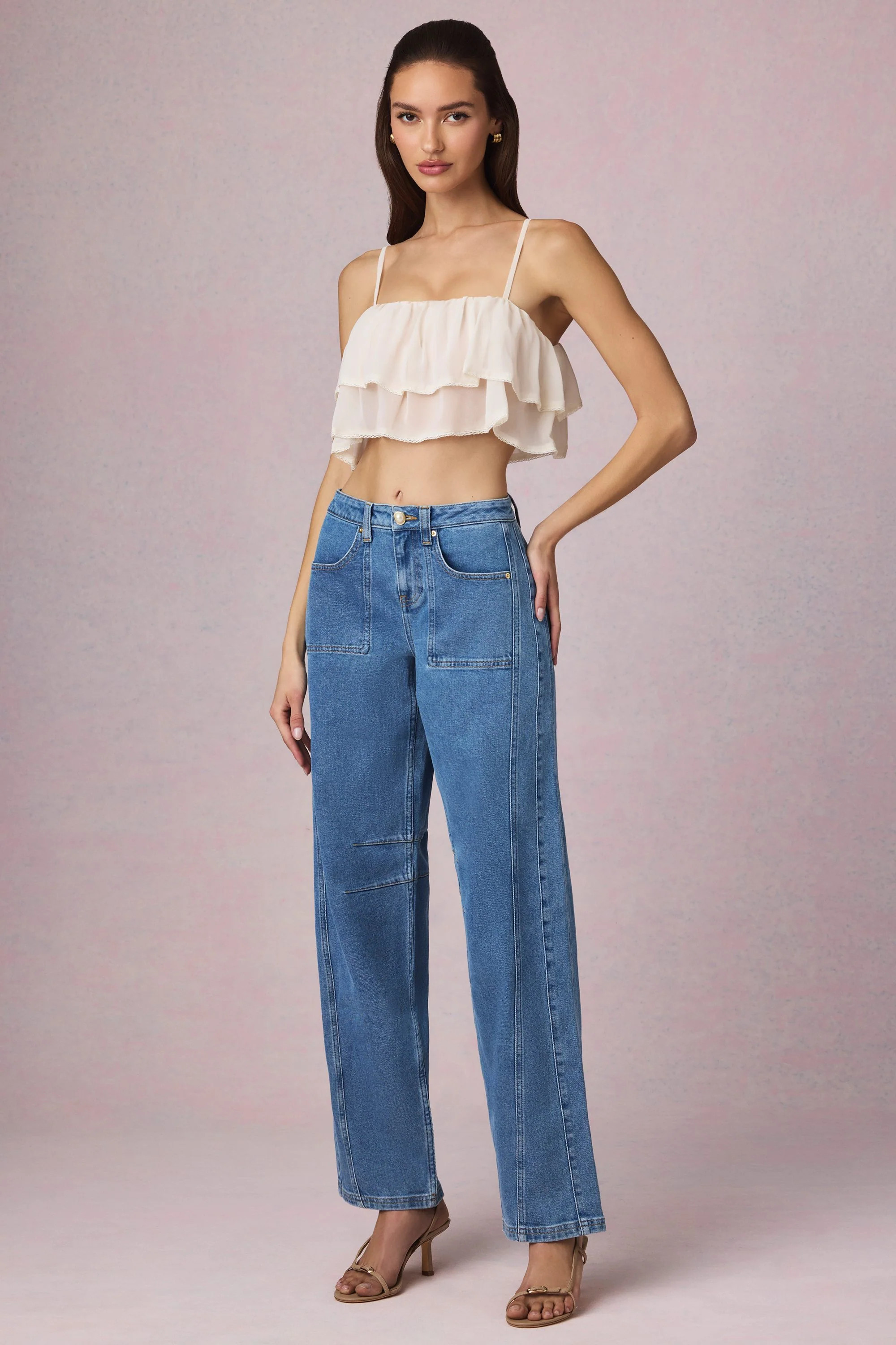 Mid-Rise Barrel-Leg Jeans in Mid-Blue Wash | Oh Polly