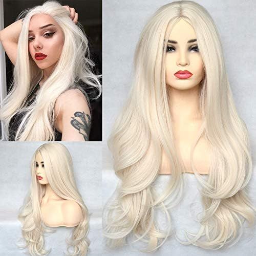 Amazon.com : BLUPLE Platinum Blonde 60# Synthetic Wig Long Natural Wavy Heat Resistant Synthetic ... | Amazon (US)