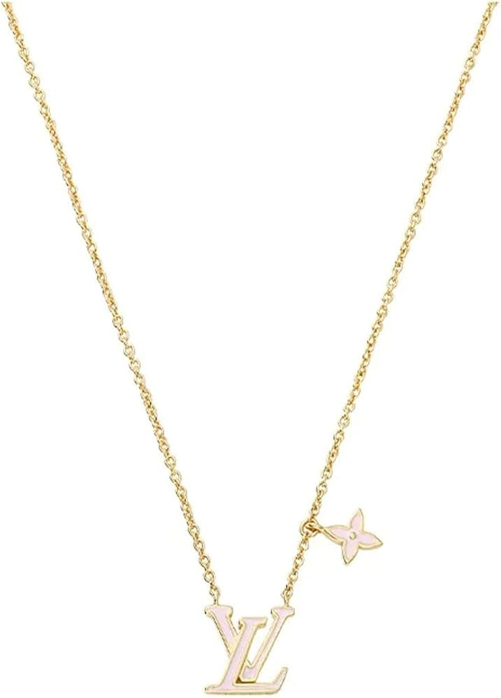 18K Gold Monogram Necklace, Gold Chain with Pink Enamel Flower Charm, Designer Pendant Jewelry | Amazon (US)
