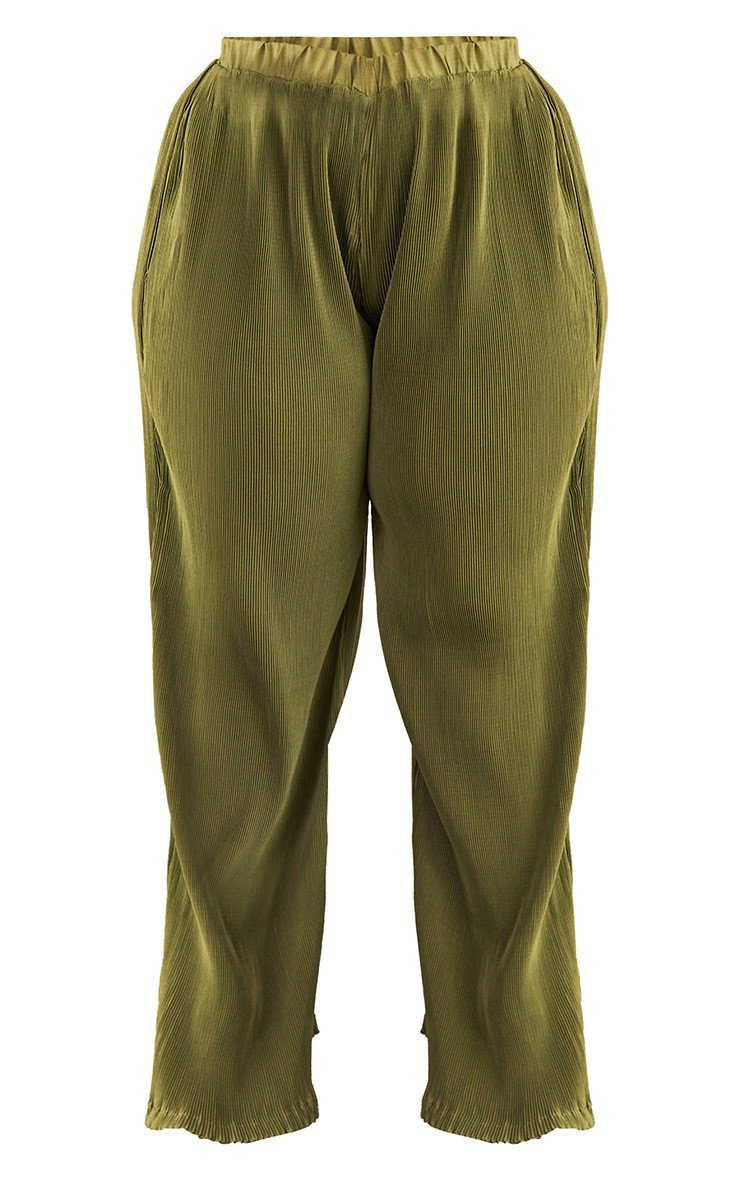 Plus Khaki Plisse High Waisted Wide Leg Pants | PrettyLittleThing US