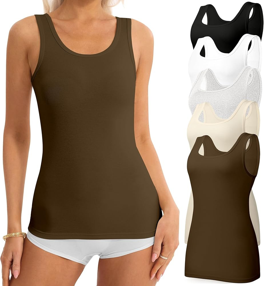 5 Pack Tank Tops for Women Cotton Undershirts Slim Fit Scoop Neck Basic Tanks Sleeveless Wide Str... | Amazon (US)