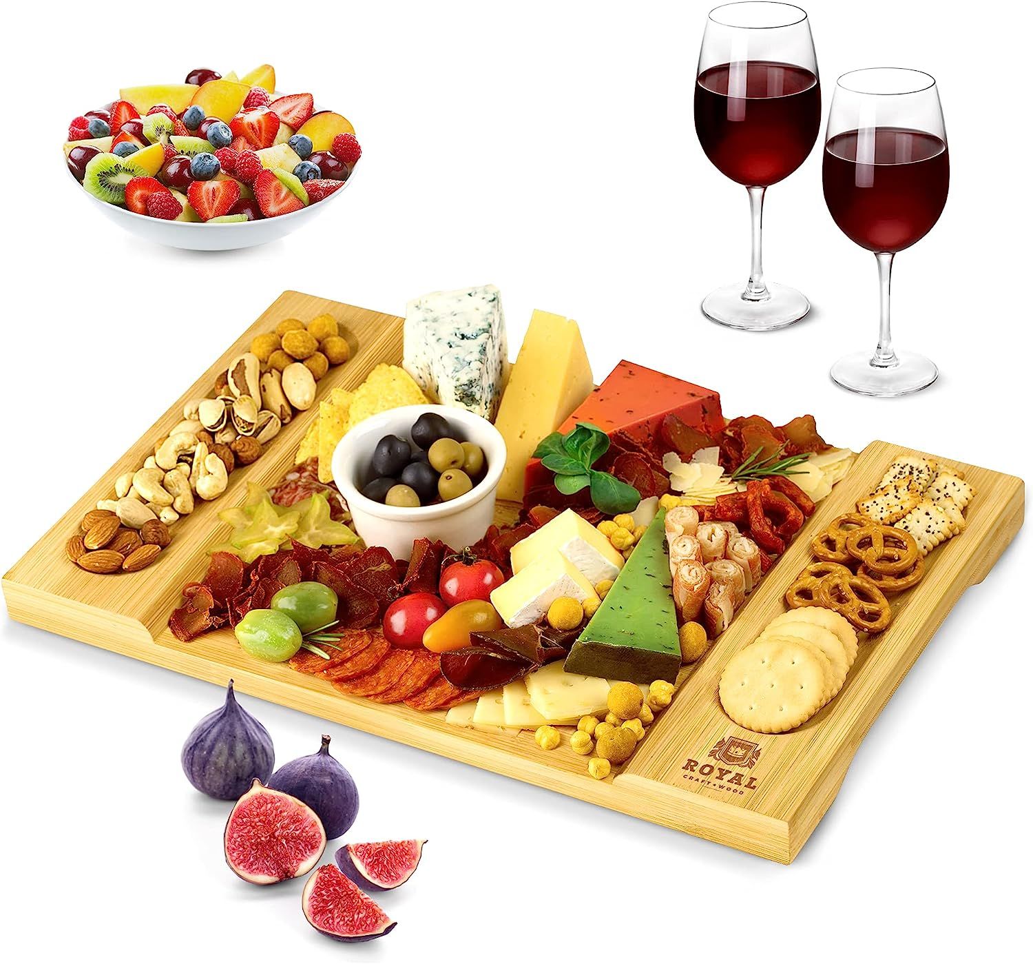 Unique Bamboo Cheese Board, Charcuterie Platter and Serving Tray for Wine, Crackers, Brie and Mea... | Amazon (US)