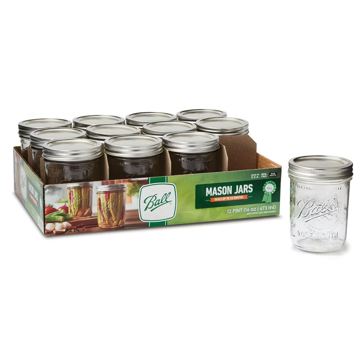 Ball 16oz 12pk Glass Wide Mouth Mason Jar with Lid and Band | Target