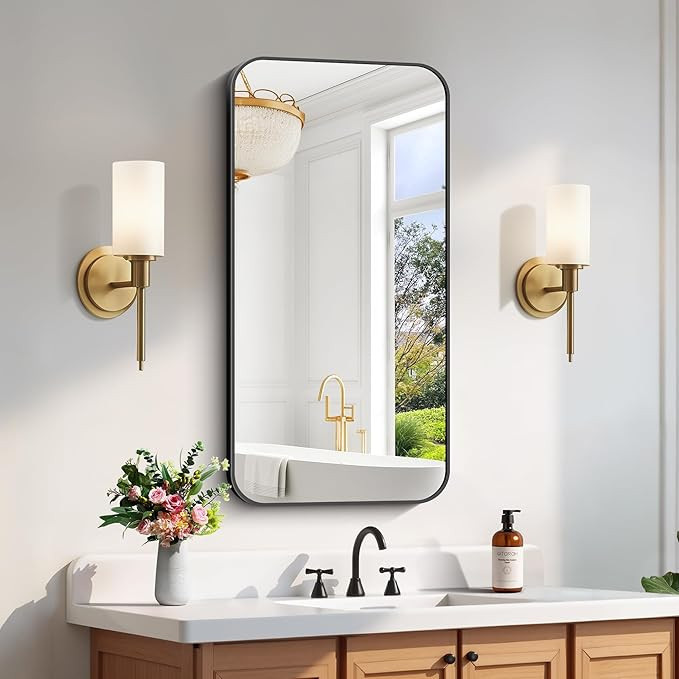 FORBATH Bathroom Mirror 20" x 40", Rectangle Black Bathroom Mirror with Black Aluminum Frame Roun... | Amazon (US)