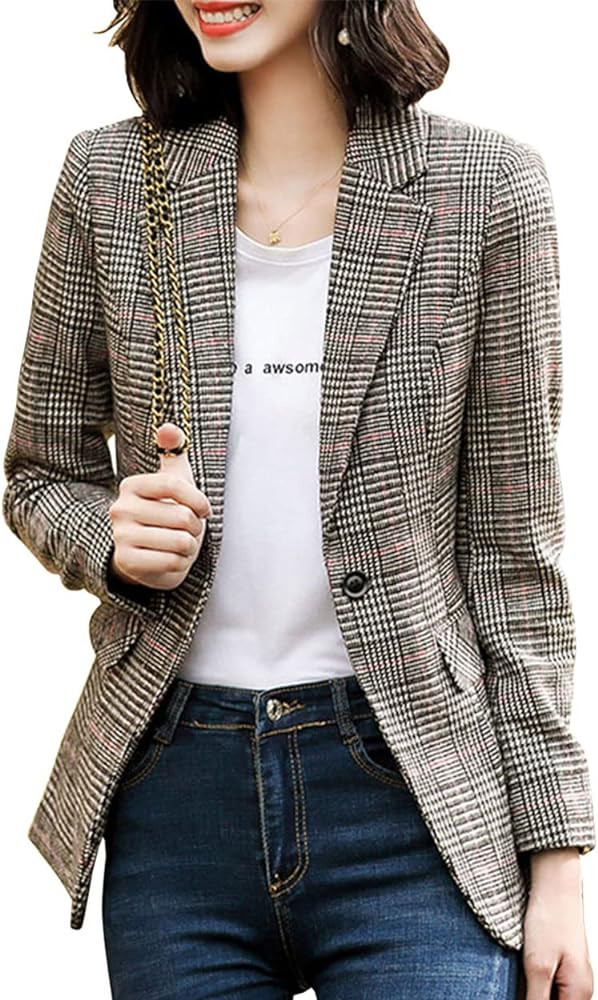 ebossy Women's Notch Lapel 2 Button Boyfriend Blazer Suit Houndstooth Plaid Jacket Coat | Amazon (US)