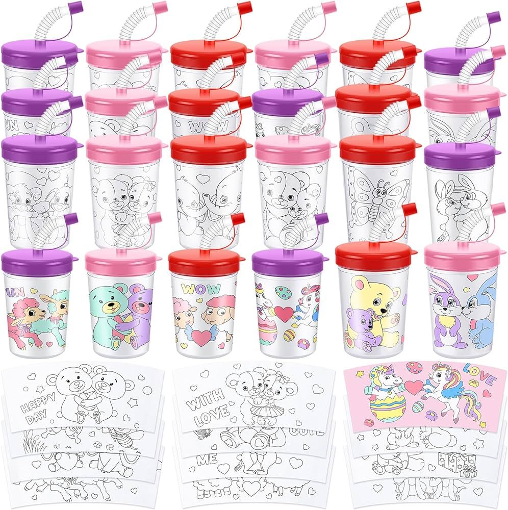 Tisancy 24 Packs DIY Valentine's Day Cups for Kids Bulk 10 oz Valentine's Day Color Your Own Cups... | Amazon (US)