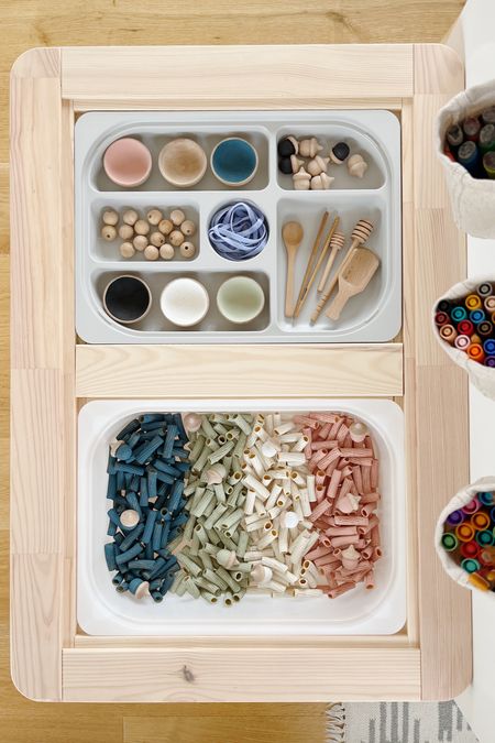 Sensory play with painted pasta  