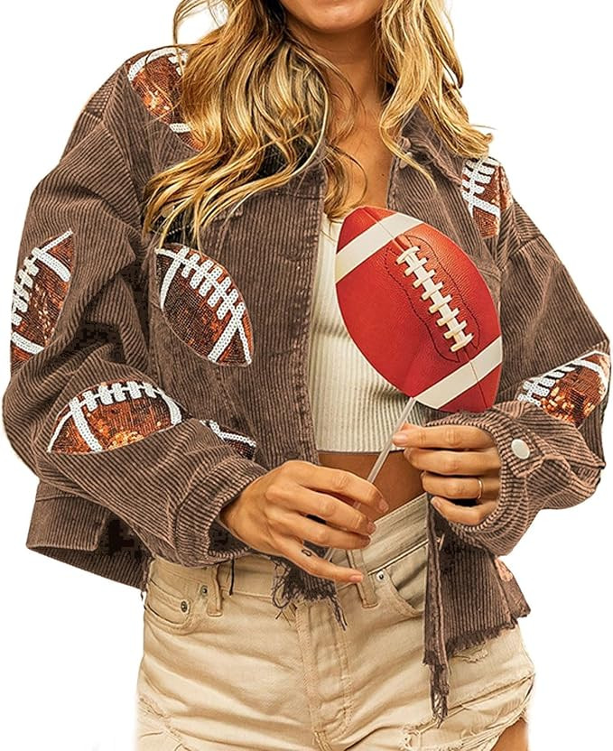 Women's Vintage Cropped Corduroy Jacket Frayed Hem Rugby Sequin Shacket Jacket | Amazon (US)