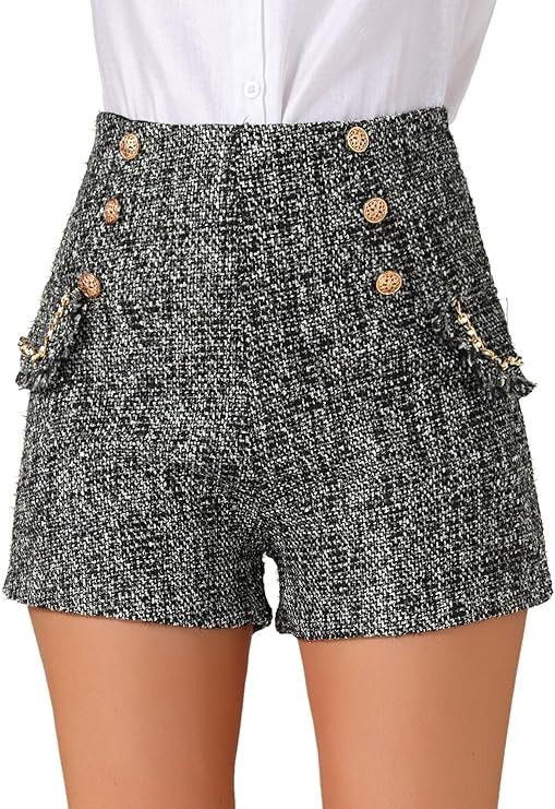 Allegra K Women's Tweed High Waisted Short Button Decor Elegant Dressy Casual Shorts | Amazon (US)