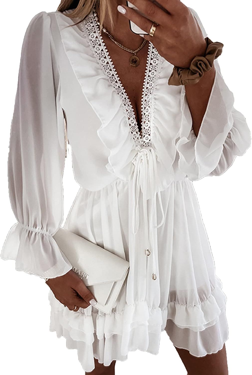 Womens V Neck Renaissance Dress Ruffle Long Sleeve Victorian Gothic A Line Ruffle Tie Front Lace ... | Amazon (US)