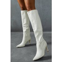 Womens Croc Leather Look Knee High Pointed Boots - white - 6, White | Miss Pap UK
