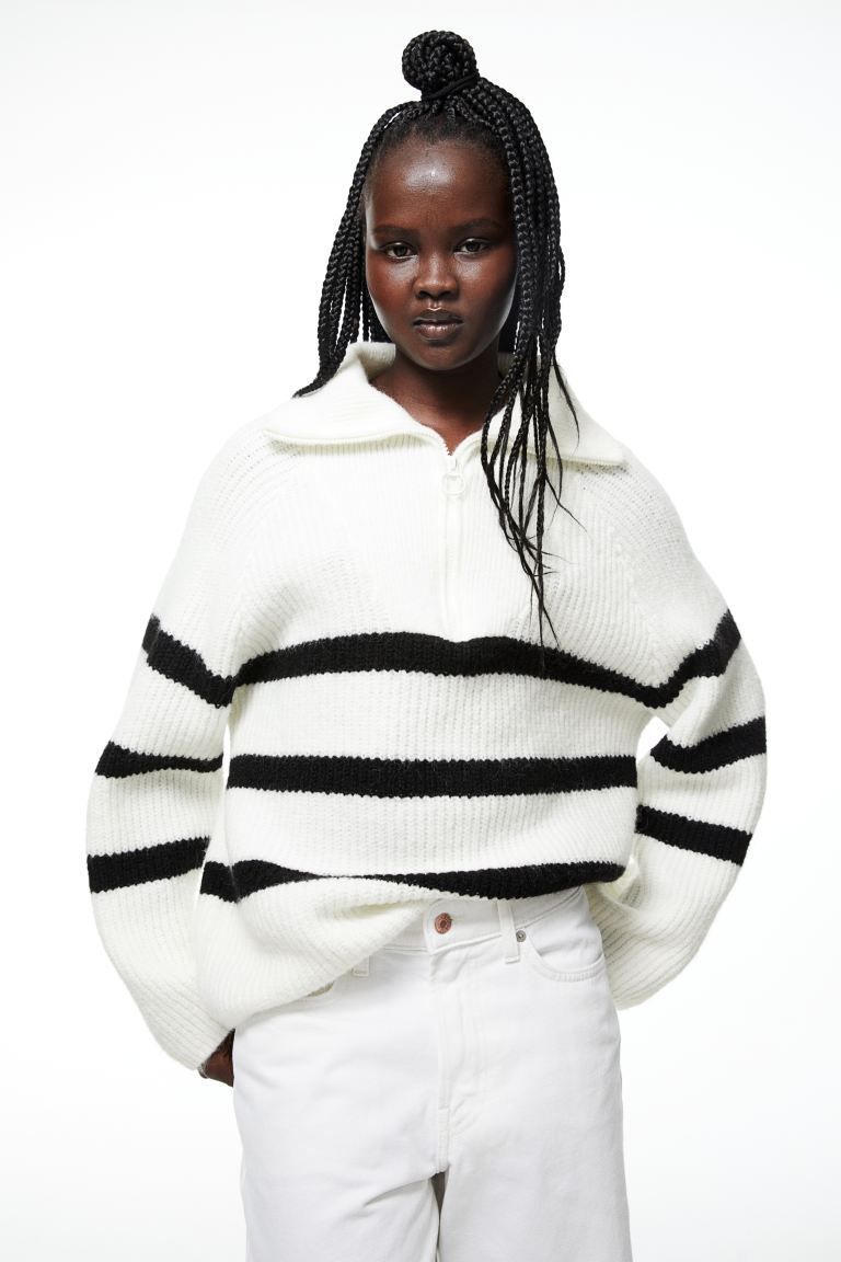 Oversized zip-top jumper - Cream/Striped - Ladies | H&M GB | H&M (UK, MY, IN, SG, PH, TW, HK)