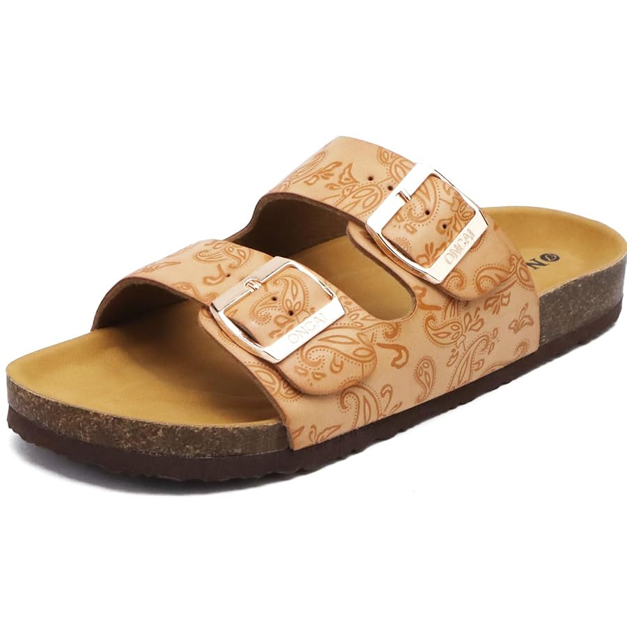 ONCAI Womens Flat Slide Sandals with Arch Support 2 Strap Adjustable Buckle Slip on Slides Shoes ... | Amazon (US)
