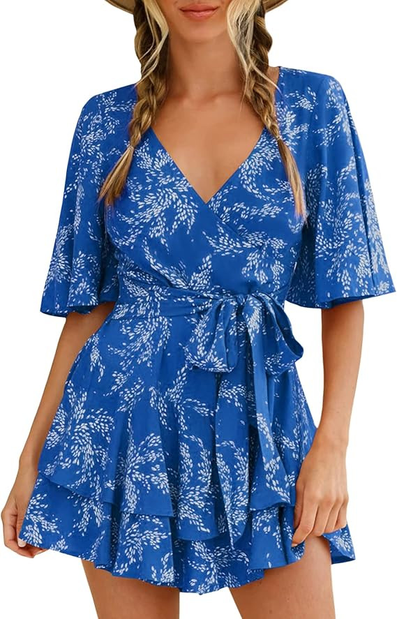 AIMCOO Womens Summer Short Flared Sleeve Romper V Neck Floral Print Jumpsuit Waist Tie Layer Ruff... | Amazon (US)