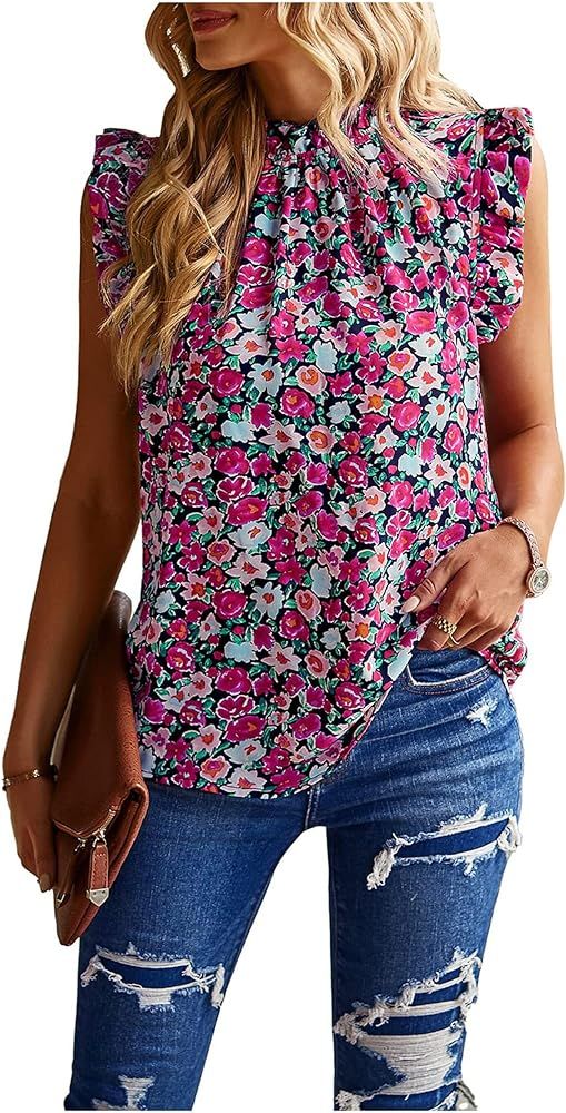 KIRUNDO Women's 2024 Summer Tops Ruffle Neck Cap Sleeve Floral Print Loose Babydoll Tank Shirts T... | Amazon (US)